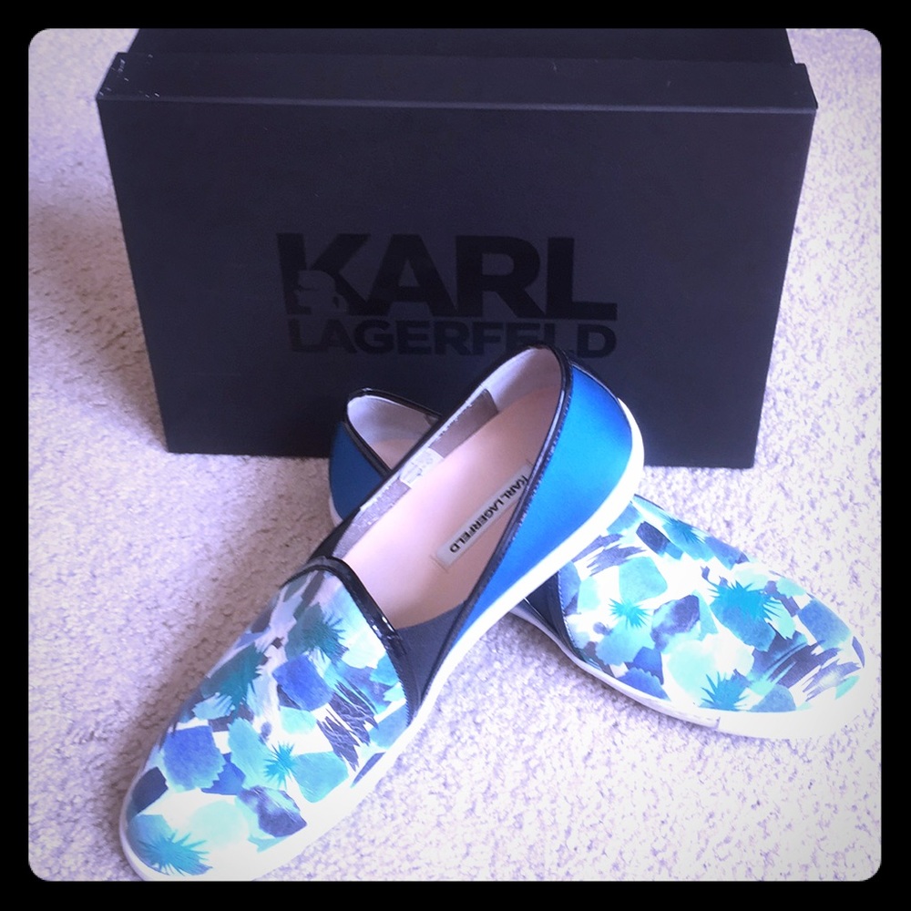 Great Karl Lagerfeld patterned slip on sneakers.